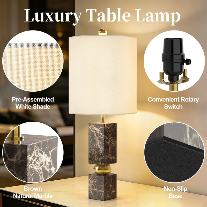Calum 25" Modern Marble Table Lamp Pre-Assembled Linen Shade for Bedroom Living Room, Brown