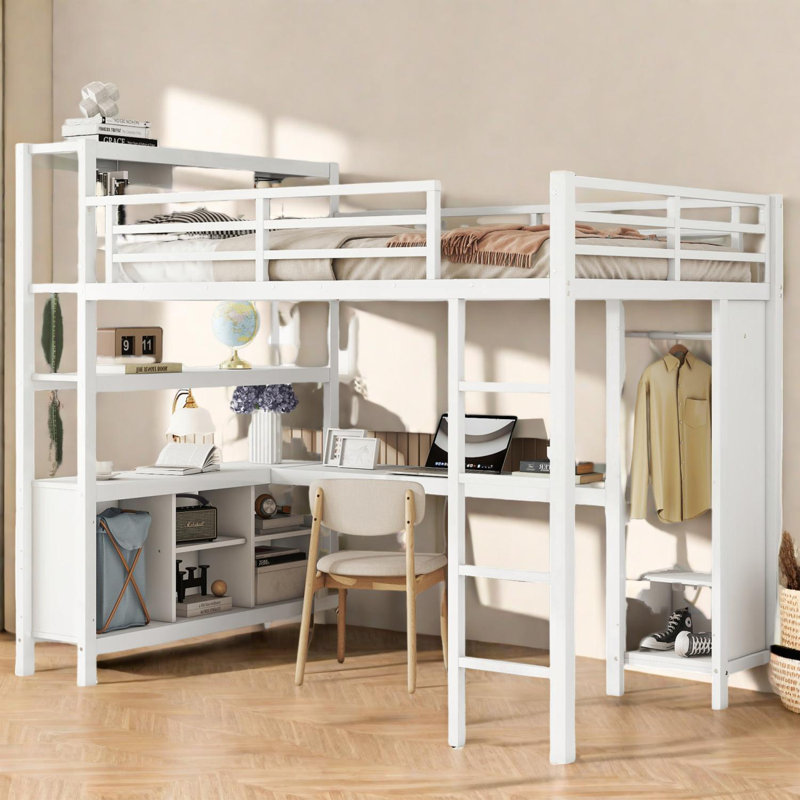 Lit mezzanine double en métal avec garde-robe, bureau en L, cubes de rangement et tablettes, Blanc