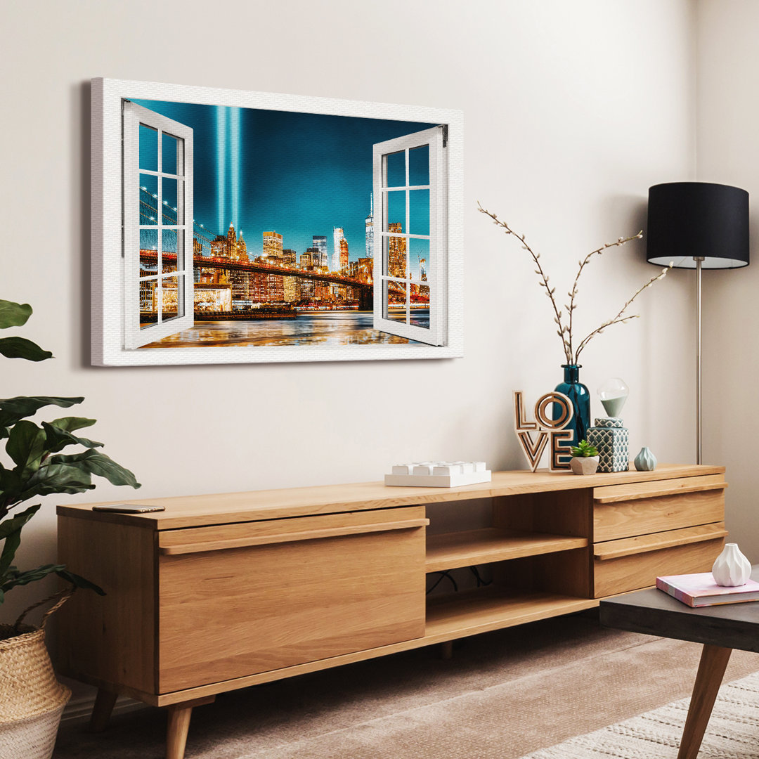 Leinwandbild New York Manhattan Brooklyn Bridge At Night Fenster 100X75cm – Premium Leinwanddruck – Kunstdruck Auf 2Cm H...