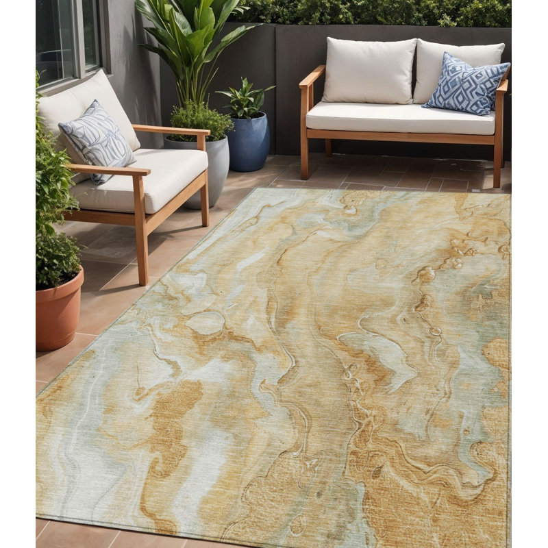 Tapis intérieur lavable abstrait doré et argenté 5 pi x 8 pi