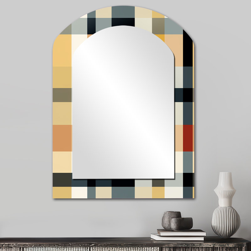 «Black and Cream Plaid Sophistication», miroir mural arqué à carreaux, miroir asymétrique rétro, impression d'art en métal