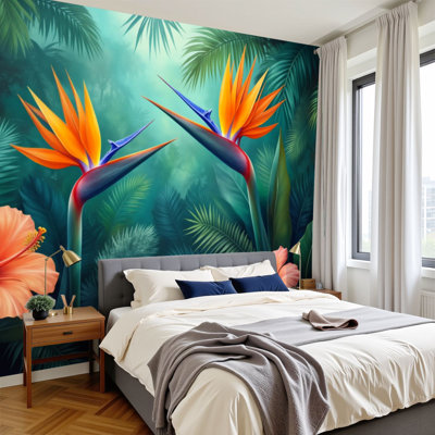 Peel and Stick Wallpaper Vibrant Tropical Birds Paradise Flowers Jungle Foliage Wall Murals 100"H x 144"W Removable PVC Wall Paper Self-Adhesive Wall Decor for Bedroom Living Room Home Office