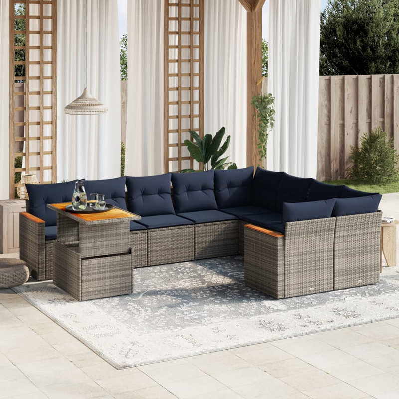  Ensemble de canapé de patio 10 pièces avec coussins en rotin de polyester, Gris, Bleu