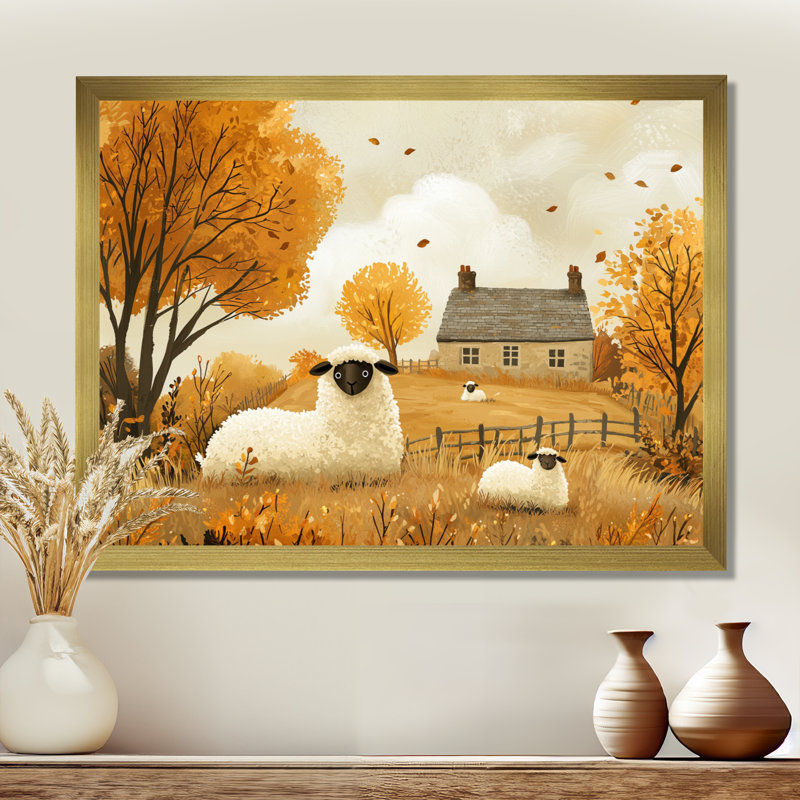 Dumitru Sheep Farmyard Friends in Autumn - Sheep Wall Art, Reproduction encadrée d'une seule photo, H 34 po x l 44 po, Doré