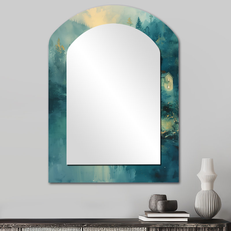 Green Grey winter Rural Refuge Mill - Mills Asymmetrical Mirror, Green Arch Decorative Wall Mirror, Printed Metal Art