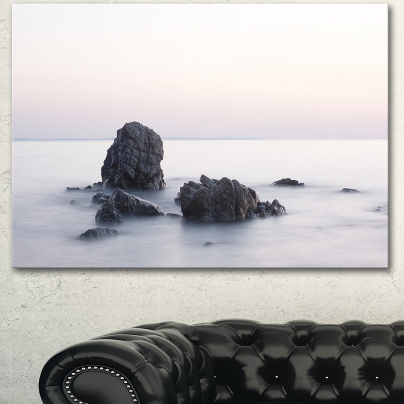 Rocks In The Sea Black And White - Wrapped Canvas Print, 16" H x 32" W