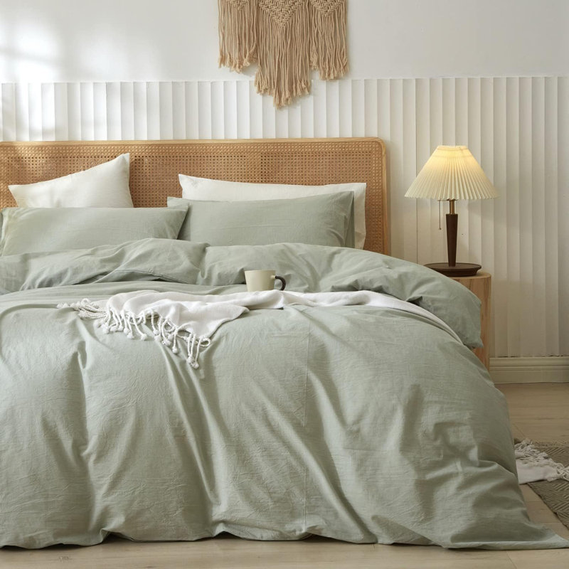 Ensemble de housse de couette 100% coton lavé Doneus, Housse de couette très grand + 2 taies d'oreiller, Vert sauge