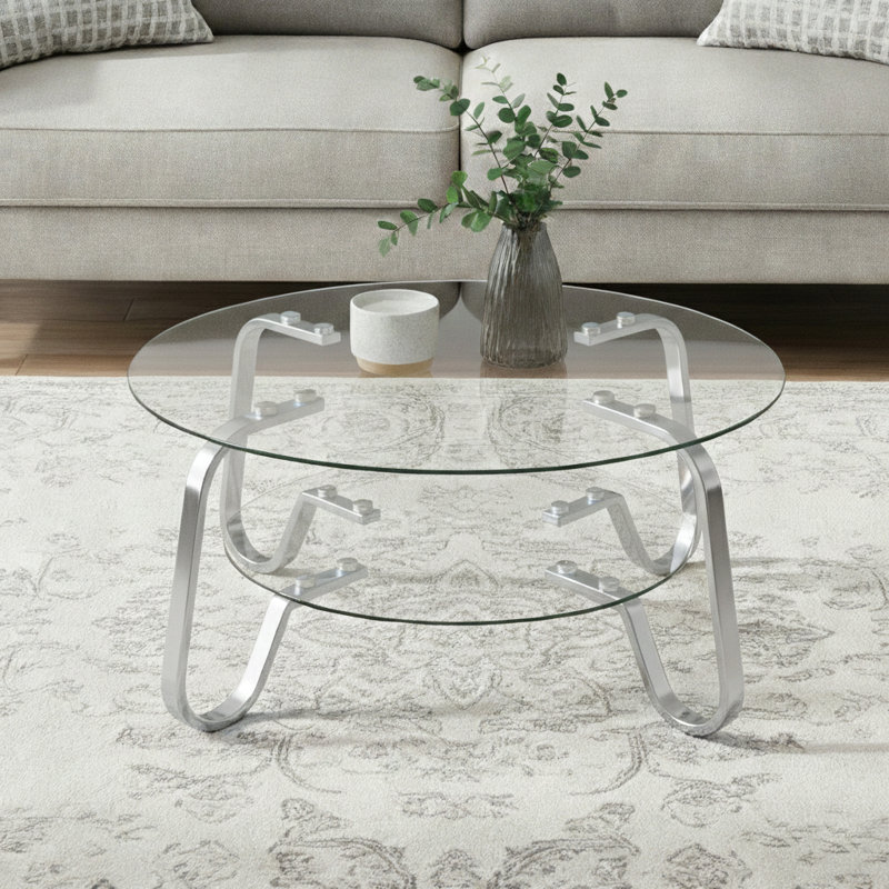 Retro Minimalist Round Coffee Table with Double-Layer Tempered Glass, Metal Frame Side Table for Living Room, Silver