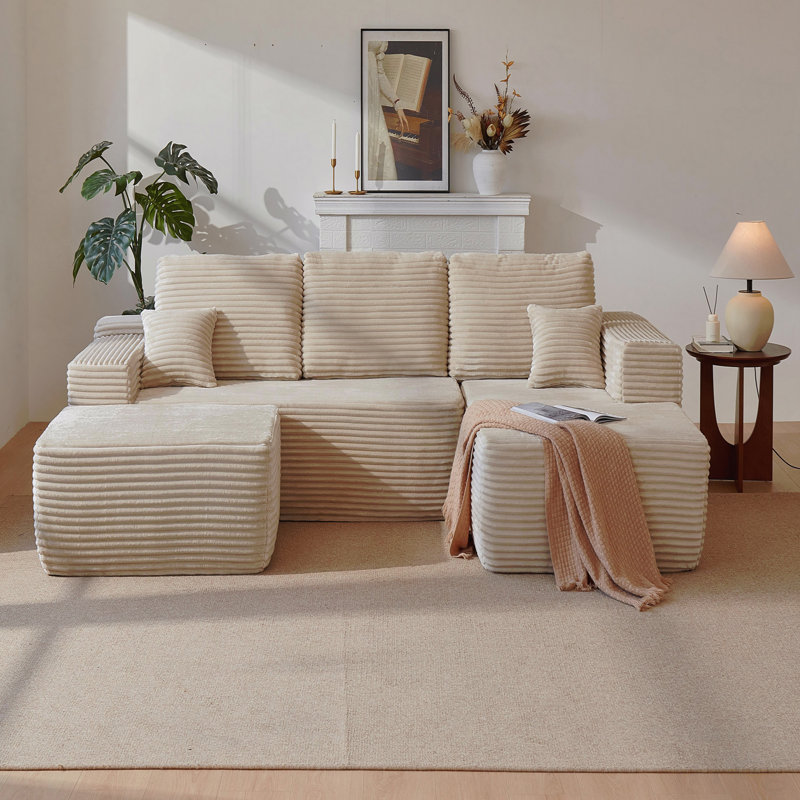 Canapé modulaire de 104 po avec méridienne en forme de U et poches latérales, canapé modulaire moderne avec assise profonde, canapé rembourré pour la chambre à coucher du salon, aucun assemblage requis, beige, droite