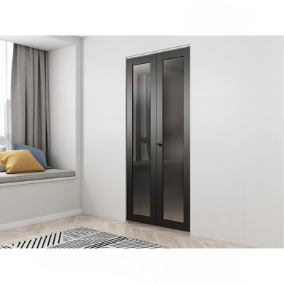 30 po X 80 po Porte pliante double en verre givré noir avec ensemble de quincaillerie et poignée de porte Full Lite
