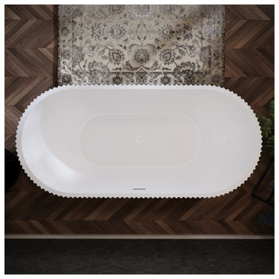 67" Freestanding Acrylic Bathtub with Fluted Oval Design, Deep Soaking Tub with Overflow and Pop-Up Drain in Glossy White