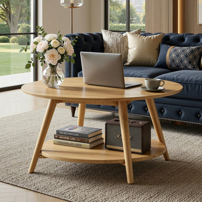 Table basse ronde moderne en bois d'hévéa massif de 34,7 po avec tablette de rangement