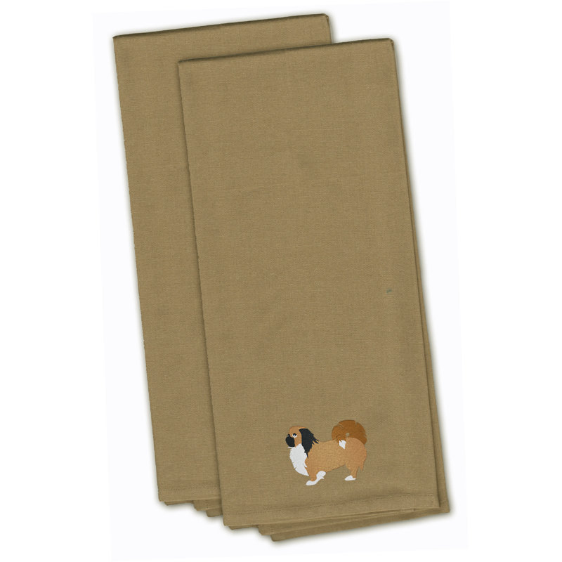 Serviette à thé de cuisine brodée pékinois, Brun clair, H 28 po x l 19 po x P 0,1 po