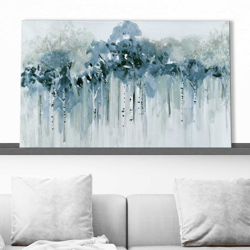 «Blue Birch Morning» par - Peinture, Toile tendue, H 36 po x l 60 po x P 1,5 po