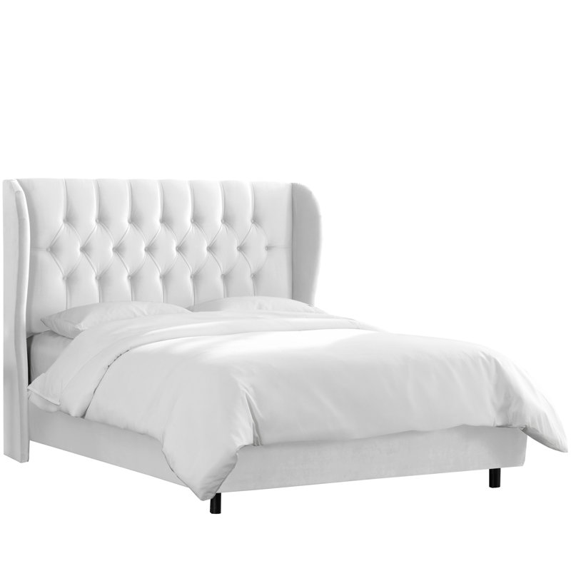 Lit capitonné standard à profil bas, Double, Velours blanc classique