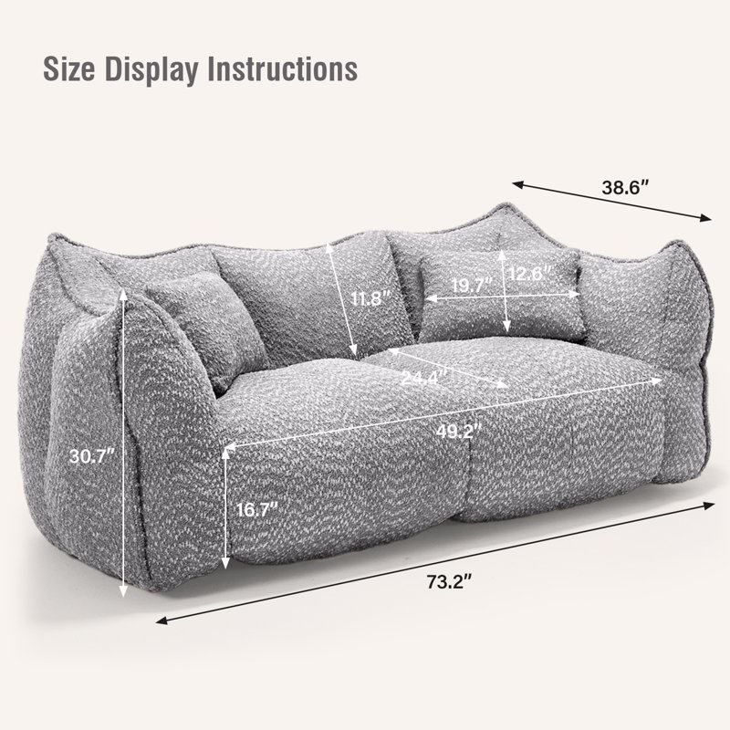 Compressed Sofa, Two-Seat Bean Bag Sofa With Pillows And Armrests For Bedroom Living Room, Gray Fabric