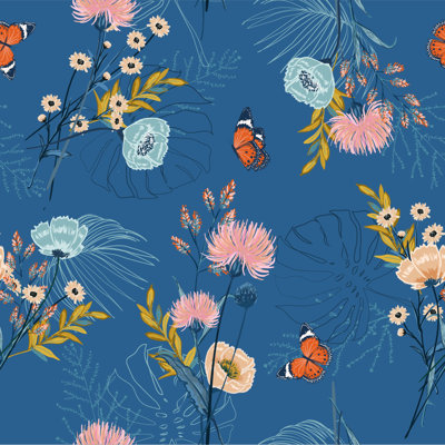 Carreau de papier peint adhésif floral bleu avec papillons L 18,75 pi x l 25 po