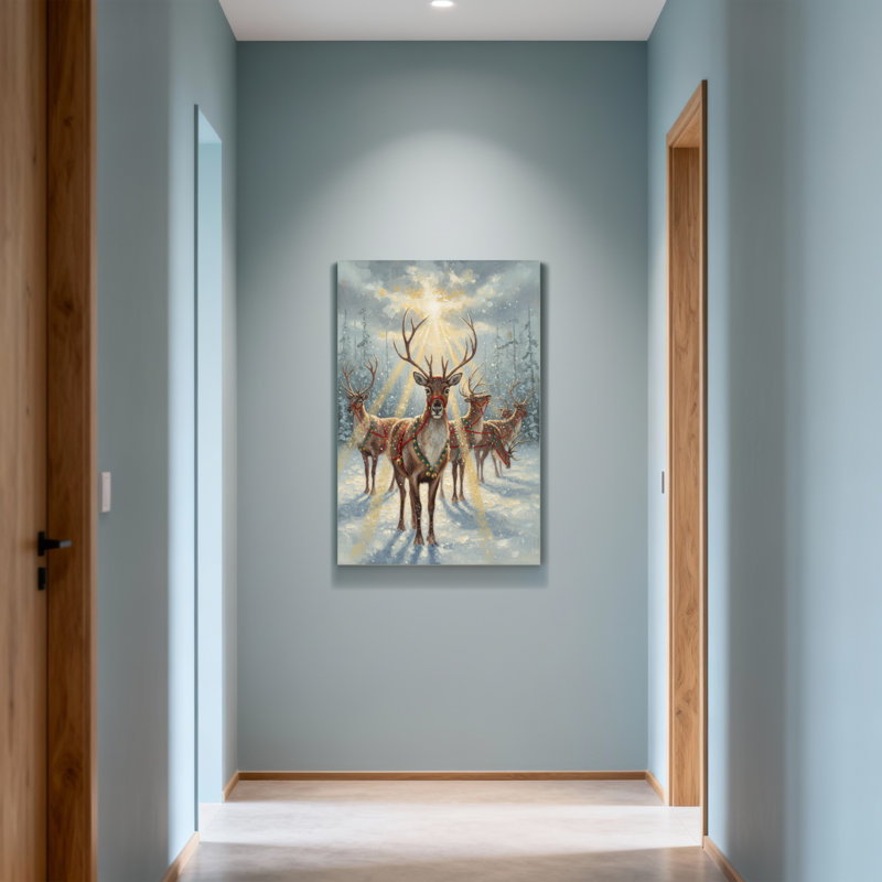 Animals Reindeer Team In Winter Landscape With Sunlight, 30" H x 20" W