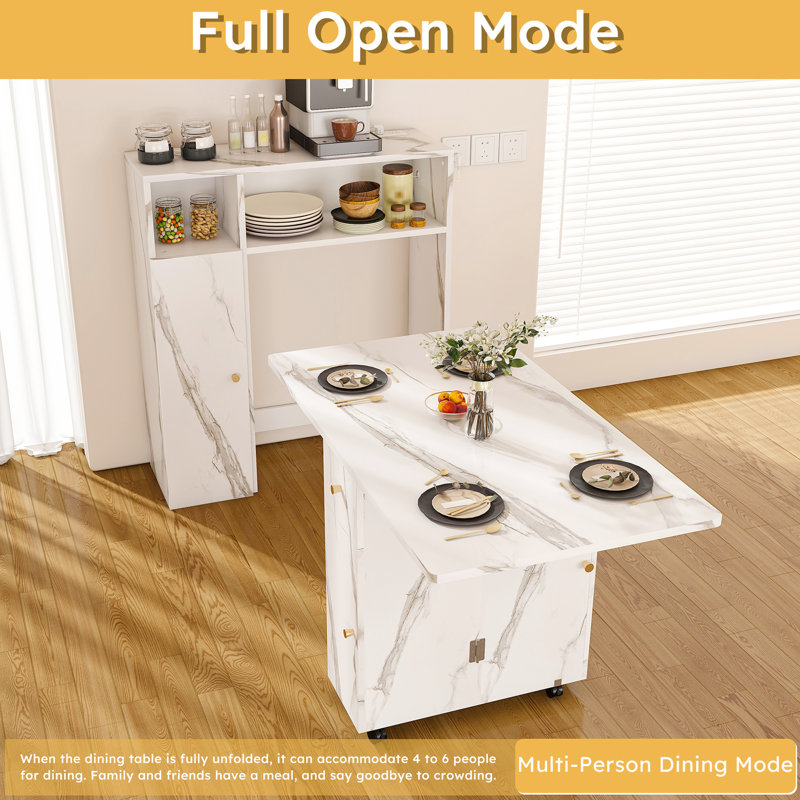 Multifunctional Extendable Folding Dining Table With Wheels, Movable Drop Leaf Dining Table With Wall-Mounted Sideboard & Storage, Space Saving Rectangle Collapsible Table For Small Apartments, Kitchen, Living Room, White