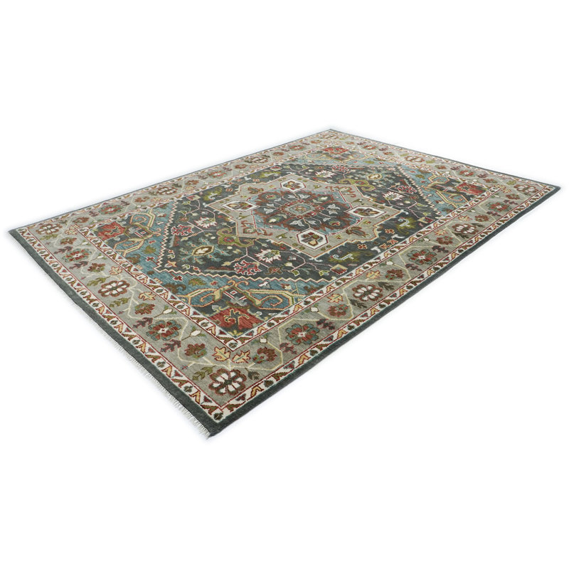 Tapis gris Oushak en laine noué à la main 10 pi 2 po x 14 pi 1 po, Rectangle 10 pi 2 po x 14 pi 1 po