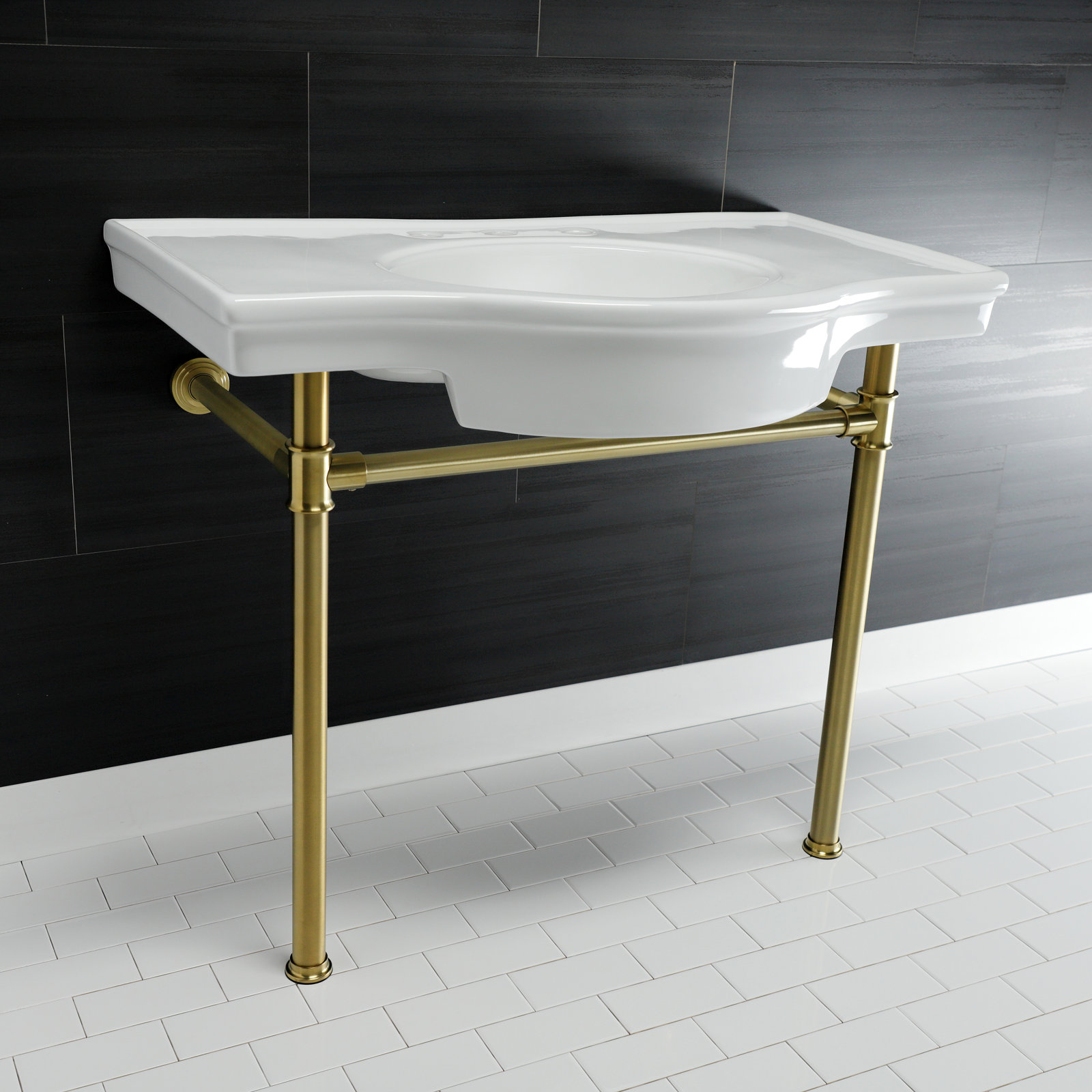 Kingston Brass Templeton 37-Inch Ceramic Console Sink with Stainless Steel Legs (8-Inch, 3-Hole), Brushed Brass
