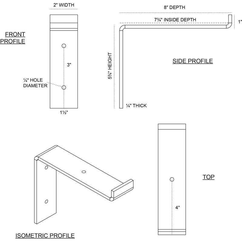 Support de tablette en acier, Apprêt blanc (à peindre), H 6 po x l 2 po x P 8 po