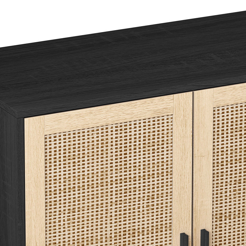 Armoire de rangement 62,6 po à 4 portes en rotin élégante et fonctionnelle, facile à assembler, noire