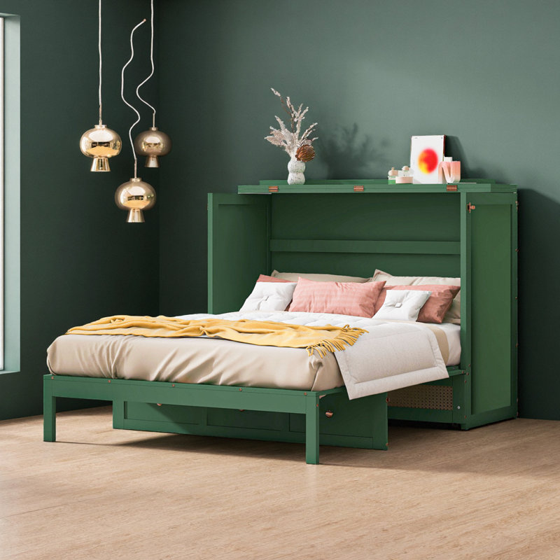 Armoire lit escamotable Murphy avec tiroirs et décor en rotin, Vert, Queen