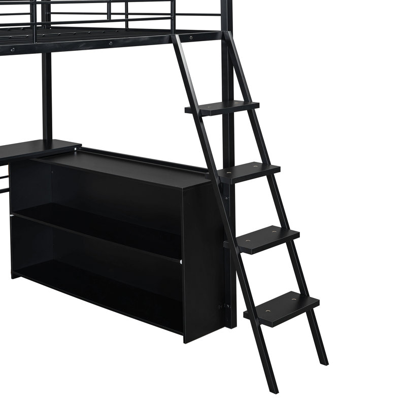 Lit mezzanine simple en métal avec DEL, bureau et 4 tablettes de rangement, noir, Lit double