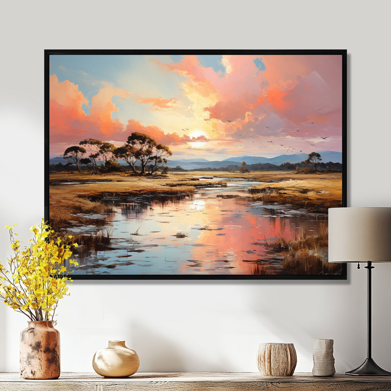 Art mural rose, coucher de soleil sur les marais, H 12 po x l 20 po, Cadre flottant noir, bois massif
