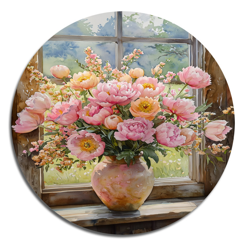 Bouquet de fleurs du verger d'été I - reproduction d'art en métal rose traditionnel, H 16 po x l 16 po