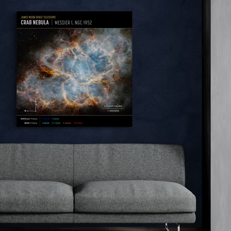 NASA James Webb Telescope - Crab Nebula (NIRCam and MIRI Compass Image) Wall Art - Canvas Framed Print, 41 cm H x 41 cm W