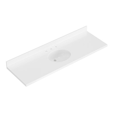 Comptoir de salle de bain en quartz blanc pur 67 po Ariel avec rebord à onglet de 1,5 po d'épaisseur avec lavabo simple ovale et dosseret