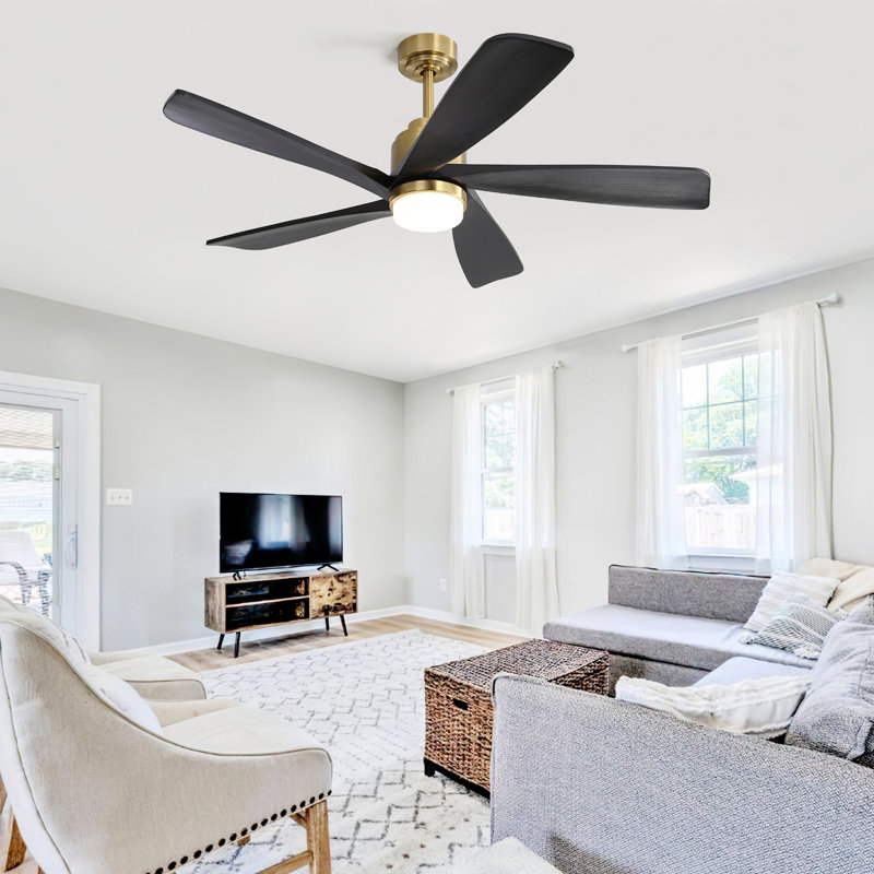 Ventilateur de plafond 52 pouces avec lumière DEL à intensité variable et 5 pales en bois massif, Doré, Noir