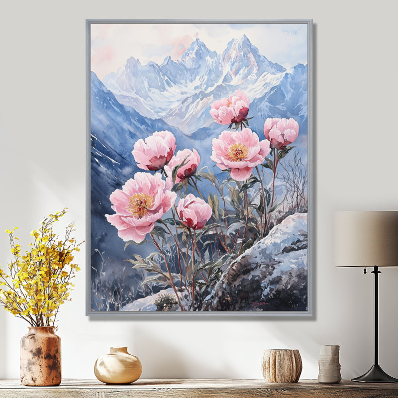 Peonies By The Snow-Capped Peaks II - Peonies Framed Art, 32" H x 16" W, Floater Framed Print, Silver