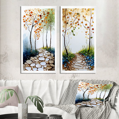 Chemin forestier verdoyant - Décoration murale forêt pour salon (lot de 2)