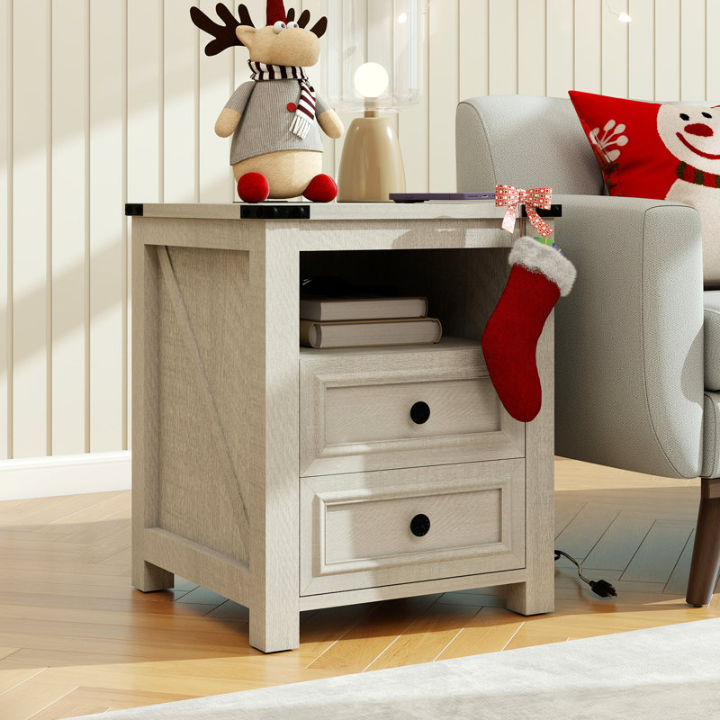 Nightstands With Charging Station, Rustic 18 Inch Bedside Table With 2 Storage Drawers And Open Shelf, Set of 2, White