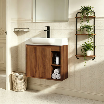  24" Wall-Mounted Single Bathroom Vanity with White Ceramic Sink and Soft-Close Door