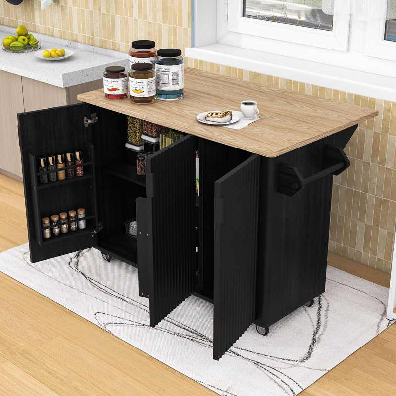 Kitchen Island Cart on Wheels with Drop Leaf, Towel Rack and Adjustable Shelves, Black Ash