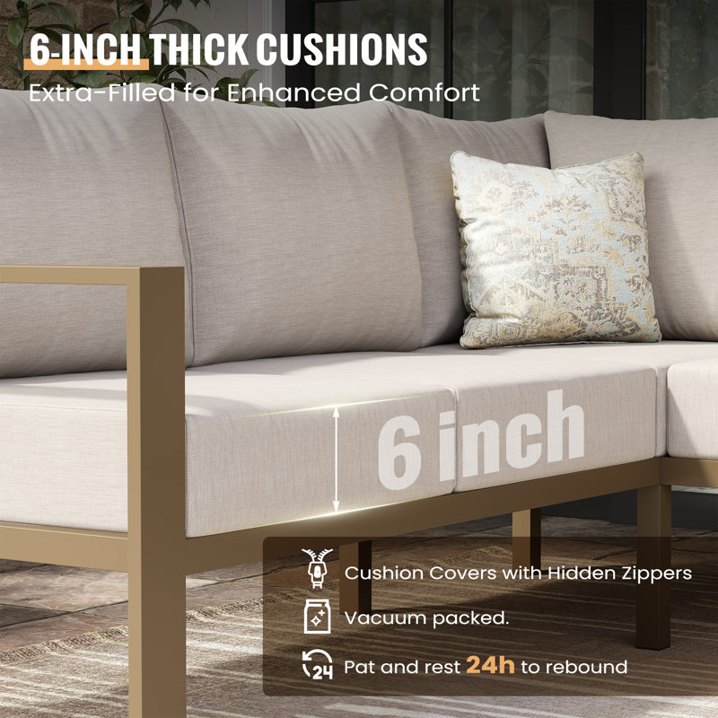 6 Pieces Metal Outdoor Sectional Furniture, Beige, Brown Wood