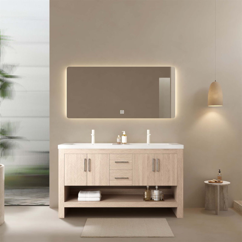 Meuble-lavabo 60 po avec 2 lavabos, rangement autoportant en contreplaqué, 2 tiroirs, 4 portes, tablette ouverte, lavabo en acrylique