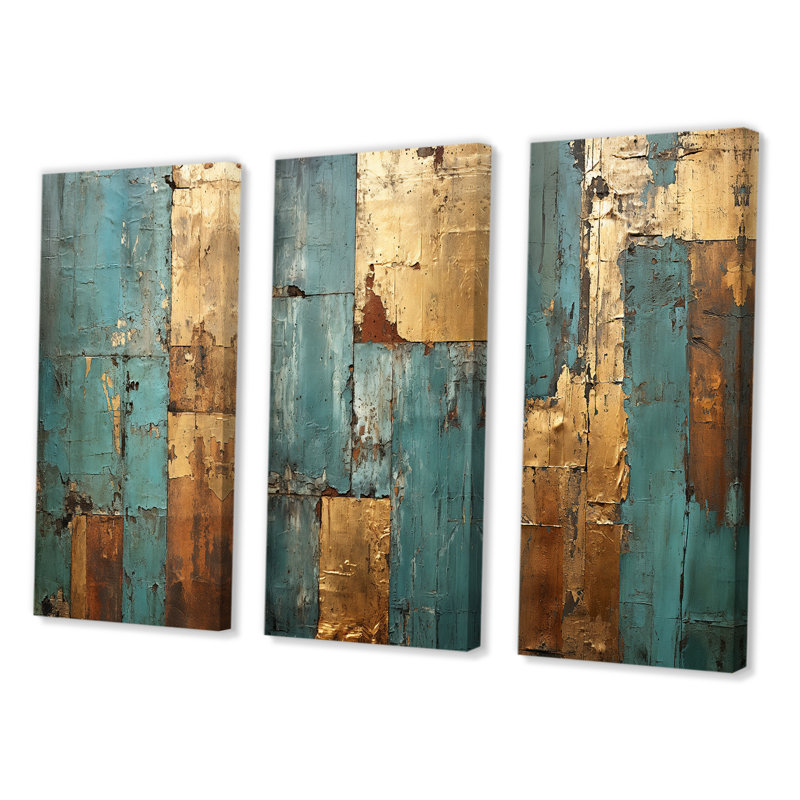 «Kintsugi Retro Glam Vintage Gold On Turquoise II», 3 pièces sur toile, Toile tendue, H 32 po x l 48 po
