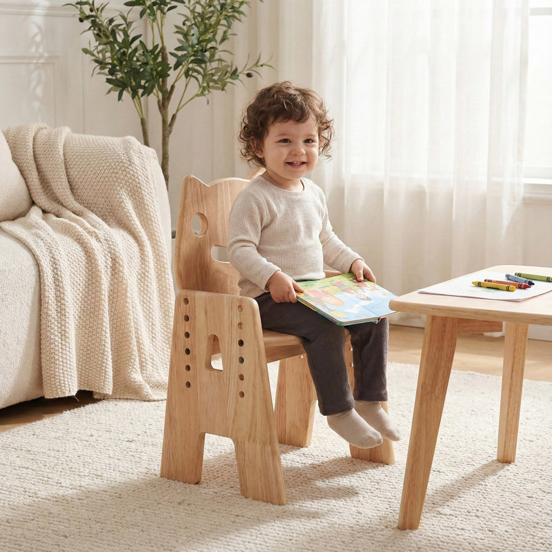 July Forest Solid Wood Adjustable Height Montessori Chair for Kids with Fun Cat Design - Heavy Duty 176 lbs, Cat