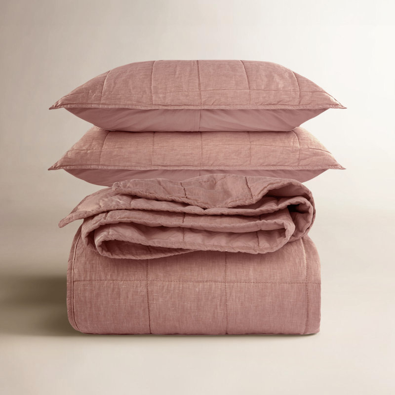 French Linen Box Stitch Quilt & Sham Set, King Quilt + 2 King Pillow Shams, Clay