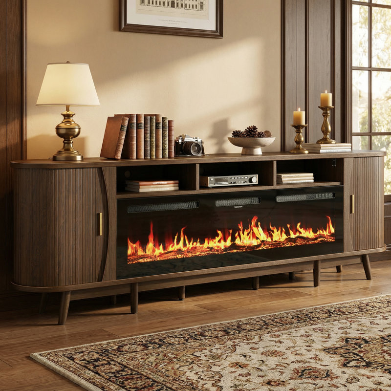 97"W Modern TV Stand With 60" Electric Fireplace For Tvs Up To 100", Tambour Door Media Console Cabinet, Fluted Entertainment Center