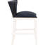 Tabouret de comptoir, revêtement en similicuir bleu foncé, base en bois massif blanc, garniture cloutée en laiton antique, cuir à dossier, dossier, plaque de protection, patins de plancher