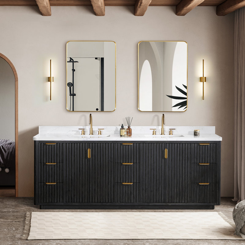 Ensemble de meuble-lavabo double 84 "avec miroir Adela, Noir, Blanc, Doré
