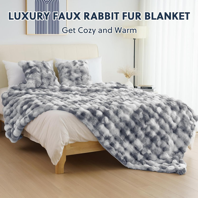 Cozy Warm Luxury Faux Fur Rabbit Throw Blanket, Knitted Soft Thick Furry Cute Plush Reversible Blanket for Sofa, Living Room, Bedroom - Suitable for Winter & Spring & Holiday Gift Ideas