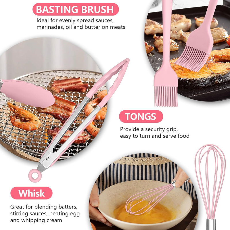 Ensemble 14 pièces d'ustensiles de cuisine en silicone, acier inoxydable, résistant à la chaleur antiadhésif, rose