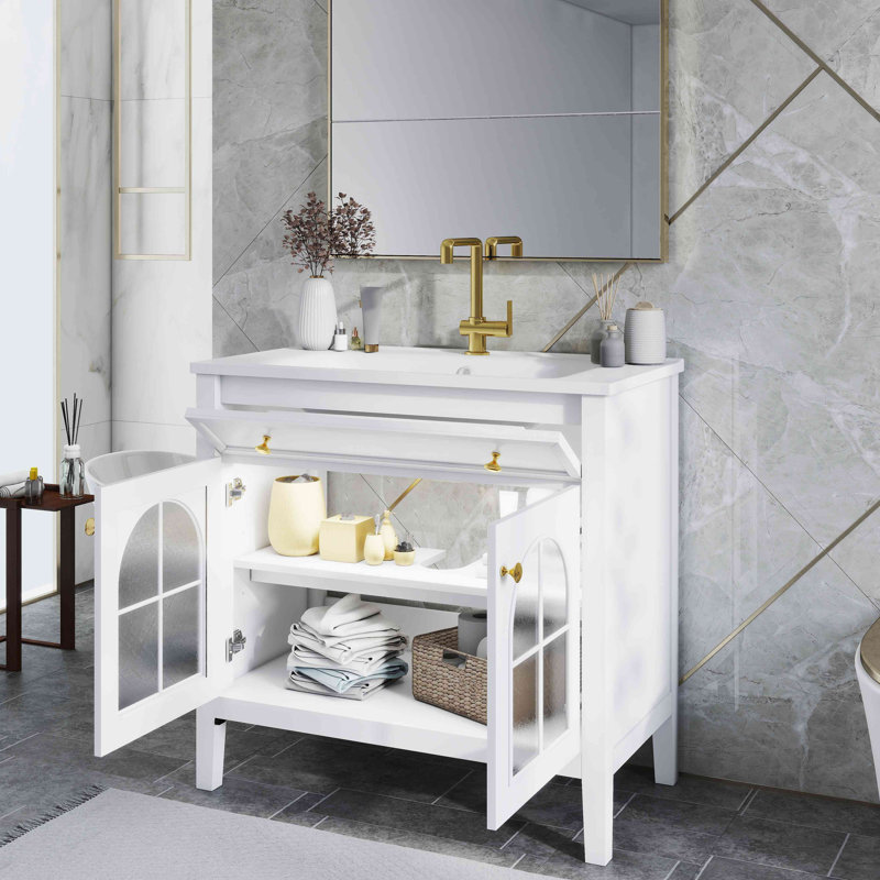 Meuble-lavabo de salle de bain 35,6 po Mid-Century avec verre à motif et bande lumineuse à capteur de mouvement, meuble-lavabo sur pied Farmhouse